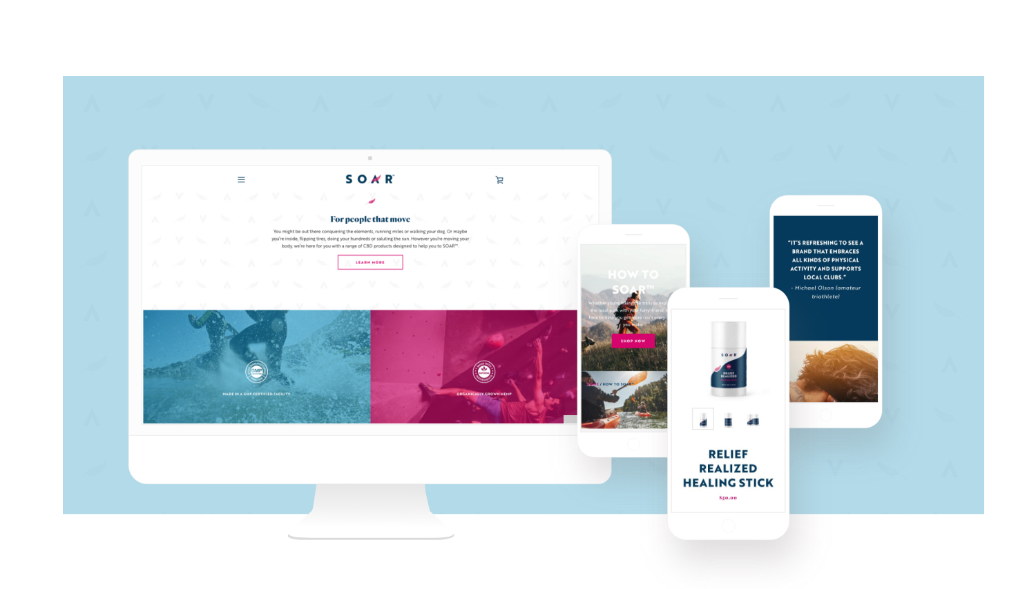 mockup of computer and mobile screens from soar website