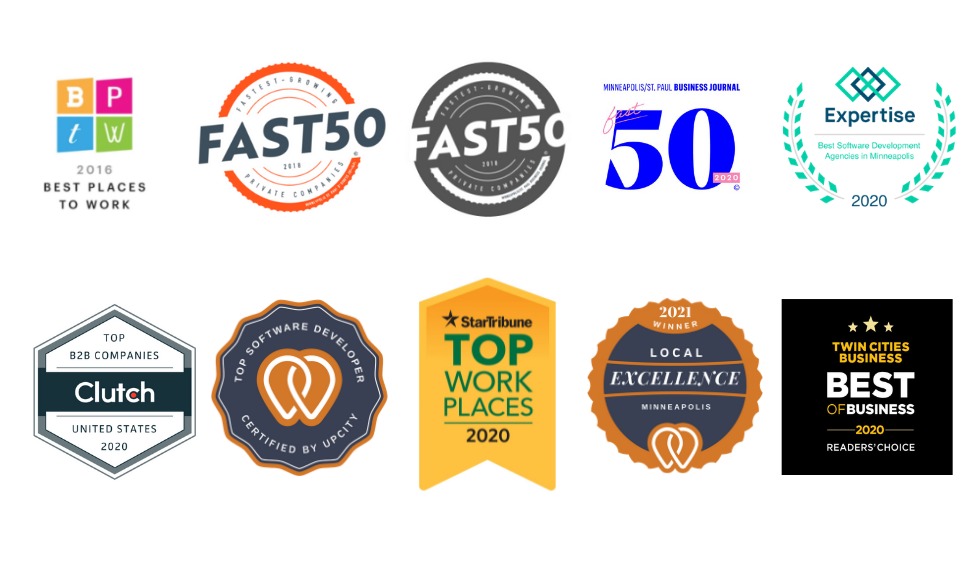 best places to work 2016 logo, minneapolis st.paul biz journals fast 50 2018, 2020 logos, expertise best software development agencies minneapolis 2020 logo, star tribune top places to work 2020 logo, clutch top b2b companies united states logo